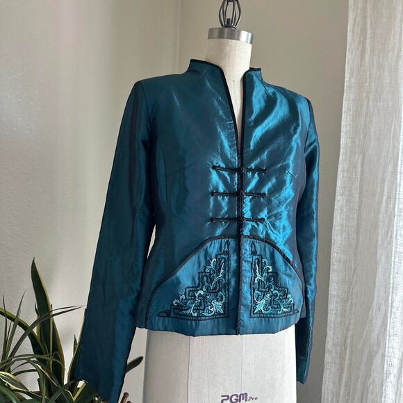 Vintage M/L Jacket Teal Satin Embroidered Long Sleeve - Picture 1 of 2